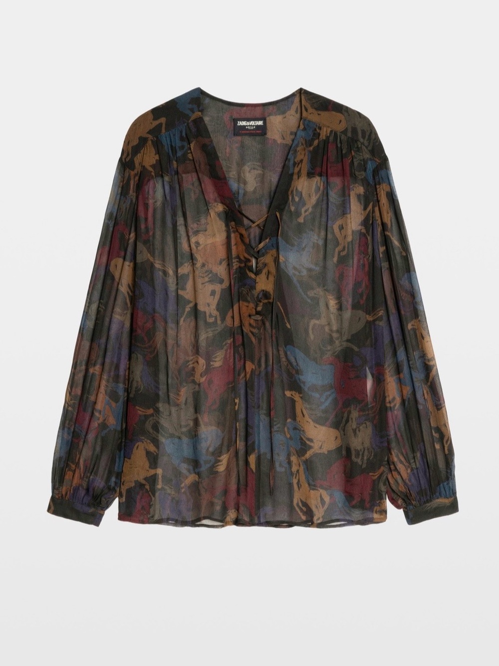 Zadig & Voltaire Tamela Multicolor Sheer Printed Horse Tie Front Blouse Size XS